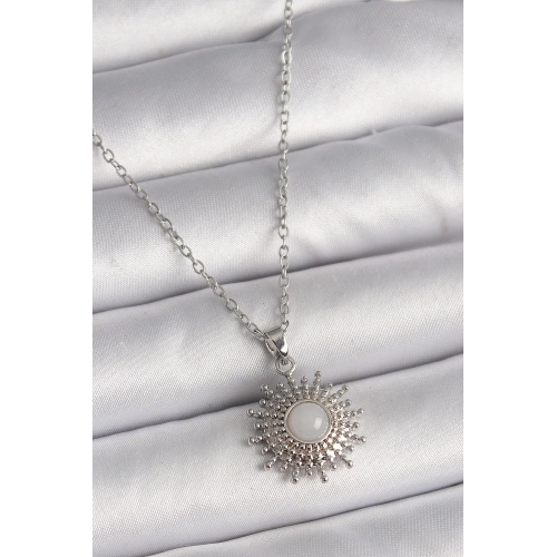 BFS 316L Çelik Gümüş Renk Zincir Beyaz Mineli Güneş Model Kadın Kolye