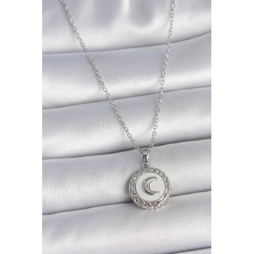 BFS 316L Çelik Gümüş Renk Zincir Beyaz Mineli Hilal İşlemeli Madalyon Model Kadın Kolye