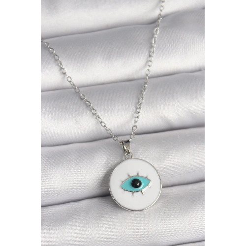 BFS 316L Çelik Gümüş Renk Zincir Beyaz Mineli Turkuaz Göz İşleme Model Kadın Kolye