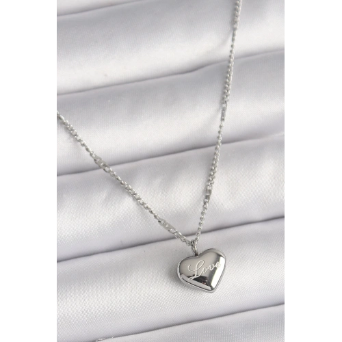 BFS 316L Çelik Gümüş Renk Zincir Love İşleme Kalp Figür Kadın Kolye