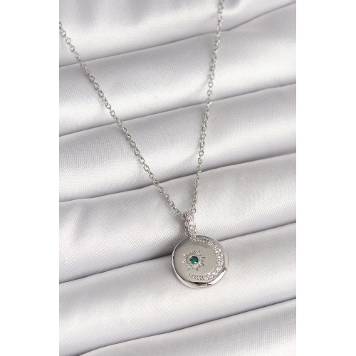 BFS 316L Çelik Gümüş Renk Zincir Madalyon Zirkon Taşlı İşlemeli Hilal Yıldız Model Kadın Kolye