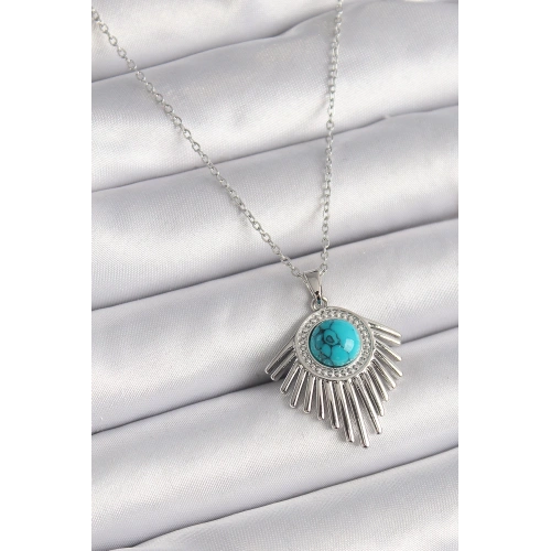 BFS 316L Çelik Gümüş Renk Zincir Mavi Boncuklu Zirkon Taşlı Kadın Kolye