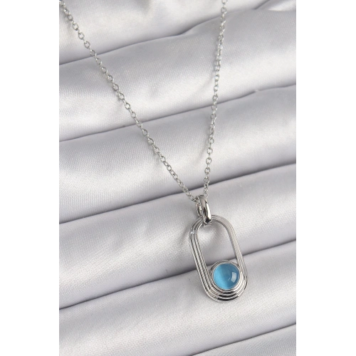 BFS 316L Çelik Gümüş Renk Zincir Mavi Kedi Göz Model Kadın Kolye