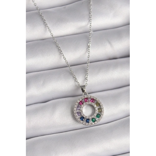 BFS 316L Çelik Gümüş Renk Zincir Renkli Zirkon Taşlı Madalyon Model Kadın Kolye