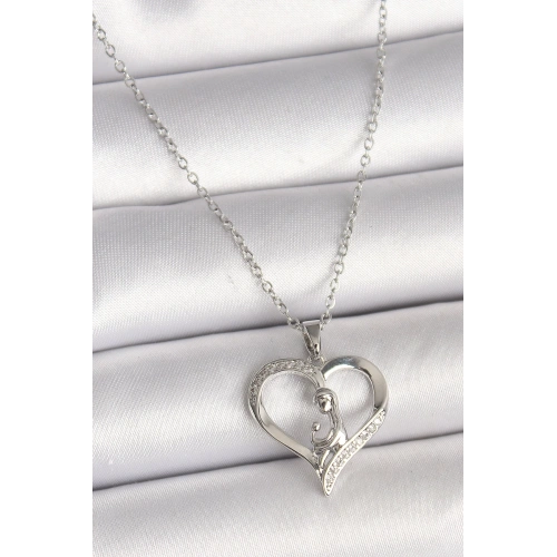 BFS 316L Çelik Gümüş Renk Zincir Zirkon Taş Detaylı Kalp Model Kadın Kolye