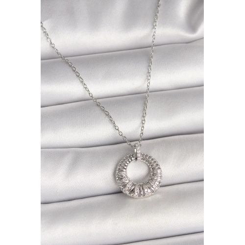 BFS 316L Çelik Gümüş Renk Zincir Zirkon Taş İşlemeli Daire Model Kadın Kolye