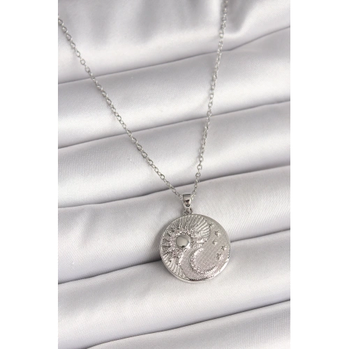 BFS 316L Çelik Gümüş Renk Zincir Zirkon Taşlı Ay Güneş İşlemeli Madalyon Model Kadın Kolye