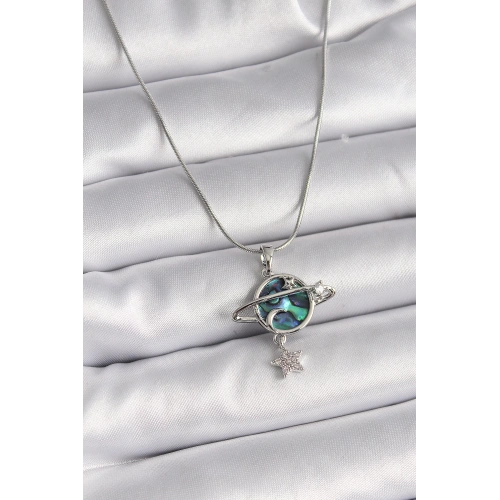 BFS 316L Çelik Gümüş Renk Zincir Zirkon Taşlı Gezegen Model Kadın Kolye