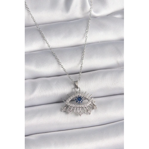 BFS 316L Çelik Gümüş Renk Zincir Zirkon Taşlı Göz Model Kadın Kolye