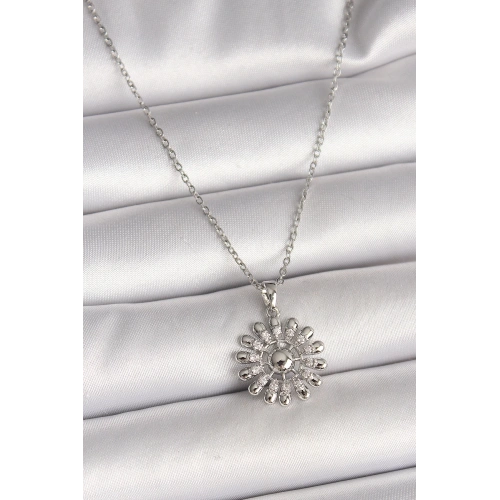 BFS 316L Çelik Gümüş Renk Zincir Zirkon Taşlı Güneş Model Kadın Kolye