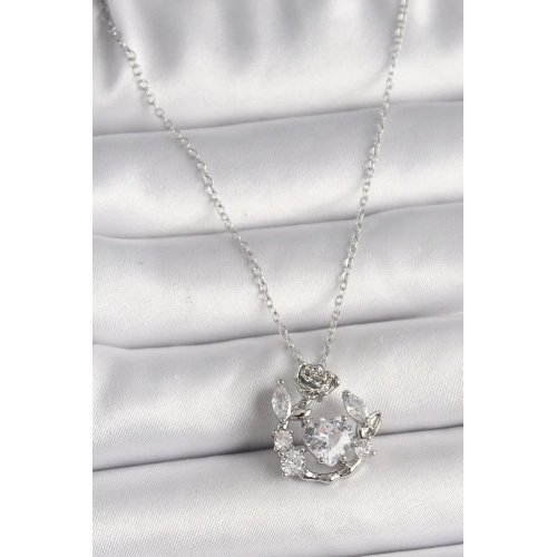 BFS 316L Çelik Gümüş Renk Zincir Zirkon Taşlı Kalp Figür Gül Detay Kadın Kolye