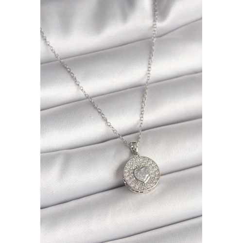 BFS 316L Çelik Gümüş Renk Zincir Zirkon Taşlı Kalp İşlemeli Madalyon Model Kadın Kolye