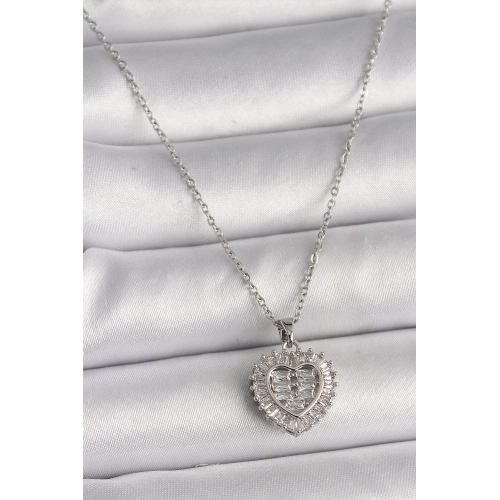 BFS 316L Çelik Gümüş Renk Zincir Zirkon Taşlı Kalp Model Kadın Kolye