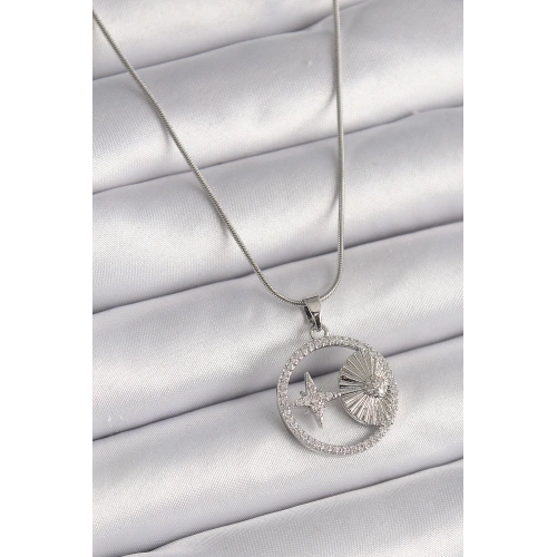 BFS 316L Çelik Gümüş Renk Zincir Zirkon Taşlı Yıldız Madalyon Model Kadın Kolye