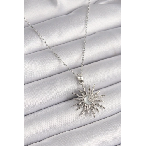 BFS 316L Çelik Gümüş Renk Zincir Zirkon Taşlı Yıldız Model Sedefli Ay İşleme Detay Kadın Kolye