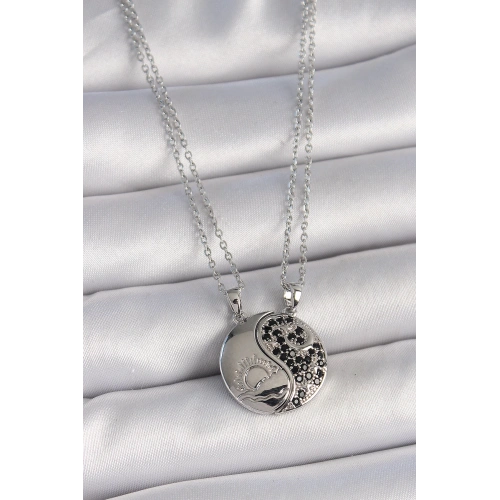 BFS 316L Çelik Gümüş Renk Zincir Zirkon Taşlı Ying Yang Model Gün Batımı İşlemeli Arakdaşlık Kadın Kolye