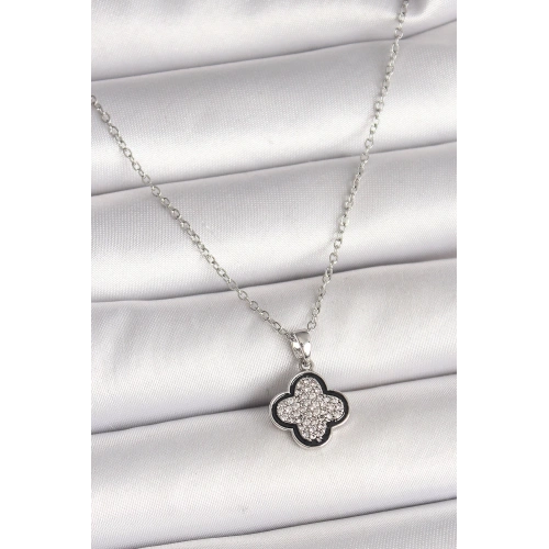 BFS 316L Çelik Gümüş Renk Zincir Zirkon Taşlı Yonca Model Kadın Kolye