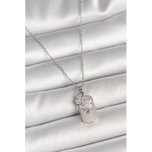 BFS 316L Çelik Gümüş Renk Zincir Zirkon Taşlı Yonca Model Kadın Kolye