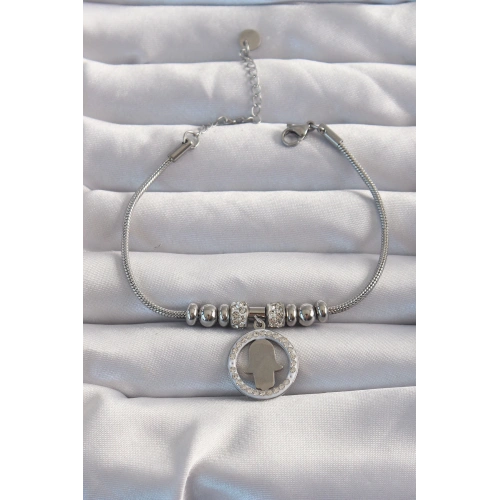 BFS 316L Çelik Gümüş Renk Zirkon Taş Aksesuarlı Fatma Ana Eli Bileklik