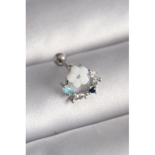 BFS 316L Çelik Gümüş Renk Zirkon Taş Detay Beyaz Çiçek Model Tragus Piercing