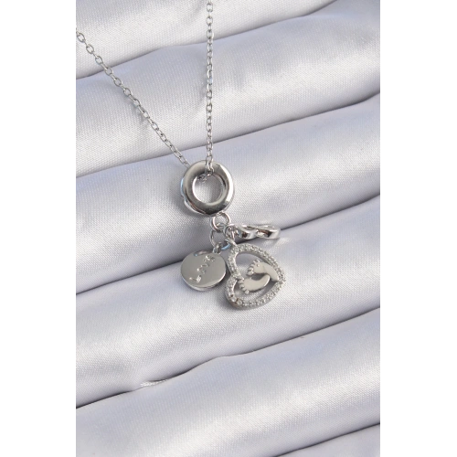 BFS 316L Çelik Gümüş Renk Zirkon Taş Detay Kalp Model Charm Kadın Kolye