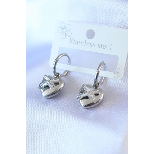BFS 316L Çelik Gümüş Renk Zirkon Taş Detay Kalp Model Kadın Küpe
