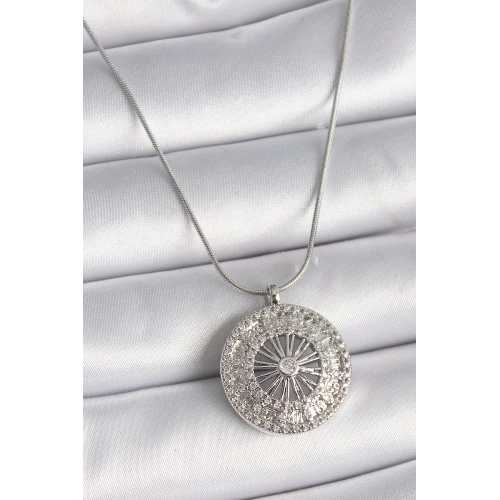 BFS 316L Çelik Gümüş Renk Zirkon Taşlı 12 Burç Madalyon Model Kadın Kolye