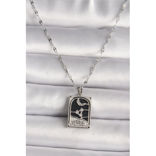 BFS 316L Çelik Gümüş Renk Zirkon Taşlı  Ay Figürlü Taror Model Kadın Kolye