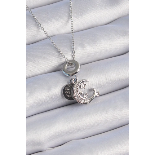 BFS 316L Çelik Gümüş Renk Zirkon Taşlı Ay Yıldız  Figür Charm Model Kadın Kolye