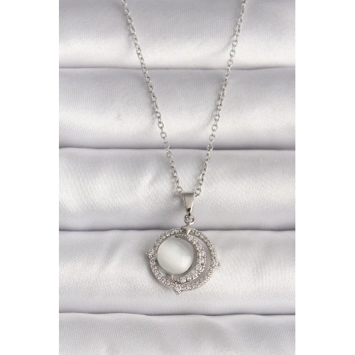 BFS 316L Çelik Gümüş Renk Zirkon Taşlı Beyaz Sedefli Hilal Model Kadın Kolye