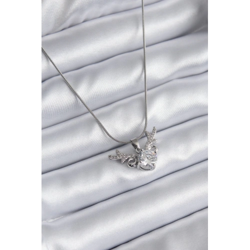 BFS 316L Çelik Gümüş Renk Zirkon Taşlı Boynuz Model Kadın Kolye