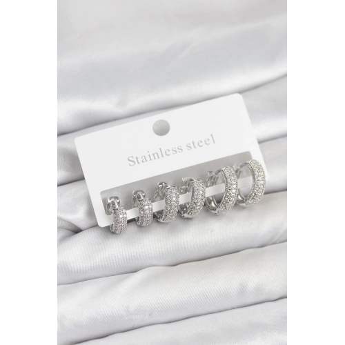 BFS 316L Çelik Gümüş Renk Zirkon Taşlı Halka Küpe Seti