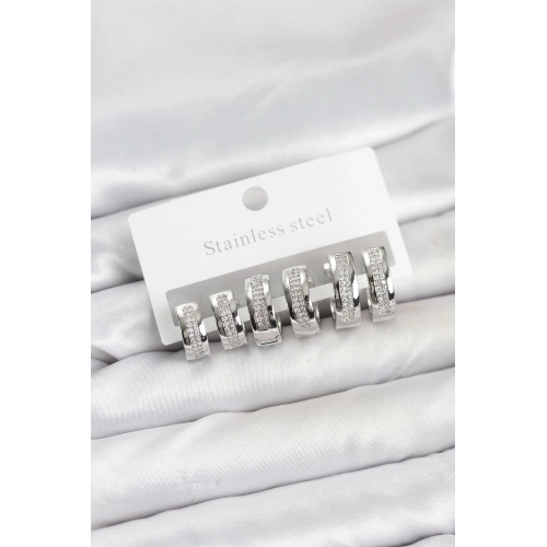 BFS 316L Çelik Gümüş Renk Zirkon Taşlı Halka Küpe Seti