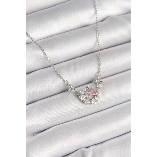 BFS 316L Çelik Gümüş Renk Zirkon Taşlı Hilal Pembe Kalp Model Kadın Kolye