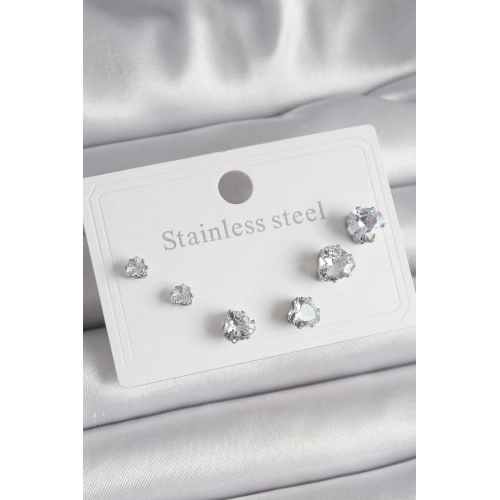 BFS 316L Çelik Gümüş Renk Zirkon Taşlı Kalp Model Kadın Küpe Seti