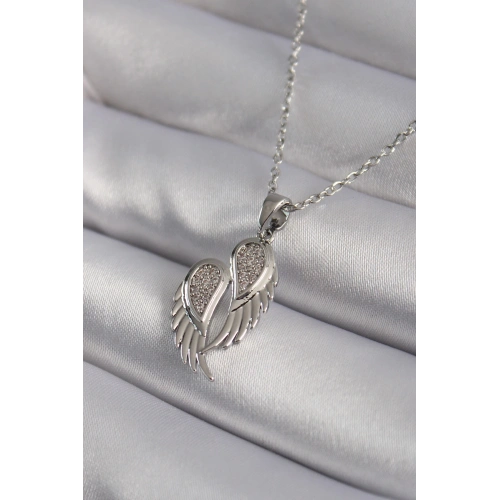 BFS 316L Çelik Gümüş Renk Zirkon Taşlı Kanat Model Kadın Kolye