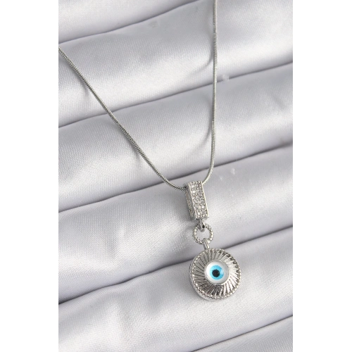 BFS 316L Çelik Gümüş Renk Zirkon Taşlı Nazar Boncuk Model Kadın Kolye