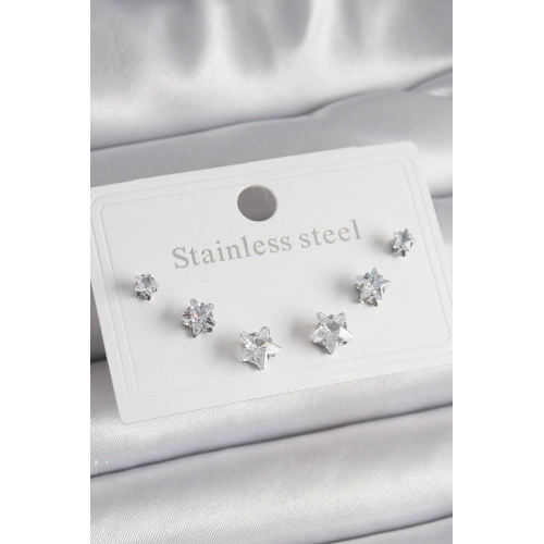 BFS 316L Çelik Gümüş Renk Zirkon Taşlı Yıldız Model Kadın Küpe Seti