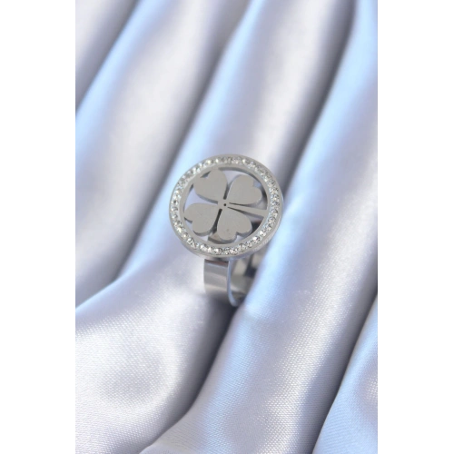 BFS 316L Çelik Gümüş Renk Zirkon Taşlı Yonca Model Kadın Yüzük