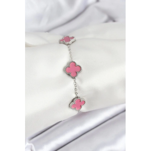 BFS 316L Çelik Gümüş Zincir Pembe Renk Yonca Bileklik