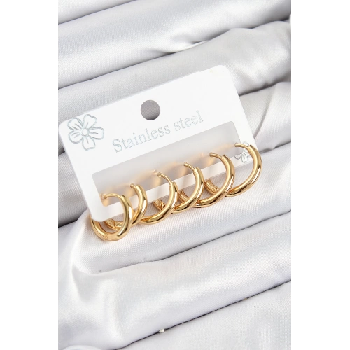 BFS 316L Çelik Halka Model Gold Renk 3lü Set Kadın Küpe