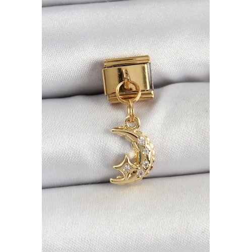 BFS 316L Çelik Sallantılı Zirkon Taşlı Ay Model Gold Renk Nomination Charm