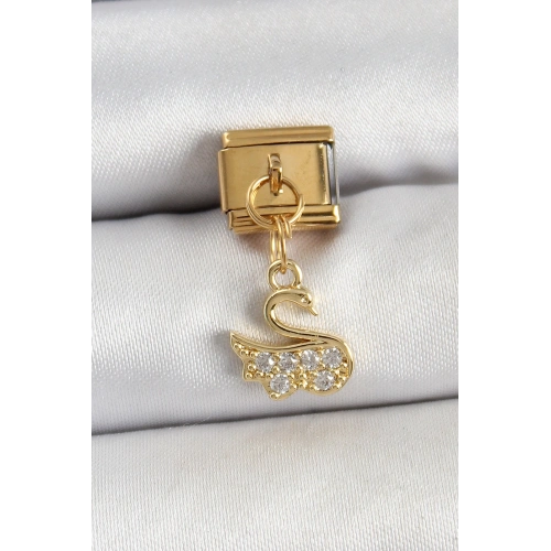 BFS 316L Çelik Sallantılı Zirkon Taşlı KuğuModel Gold Renk Nomination Charm