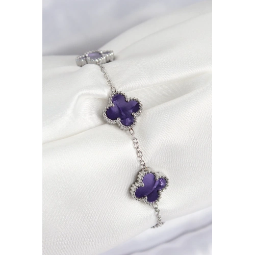 BFS 316L Çelik Sedefli Mor Gümüş Renk Yonca Kadın Bileklik