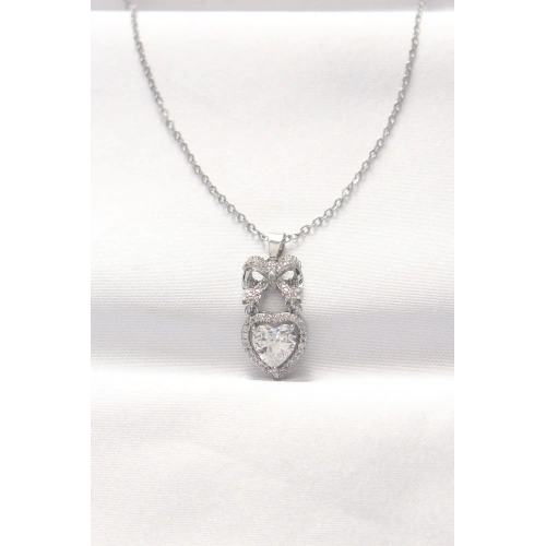 BFS 316L Çelik Silver Renk Zirkon Taşlı Kalpli Fiyonk Kolye