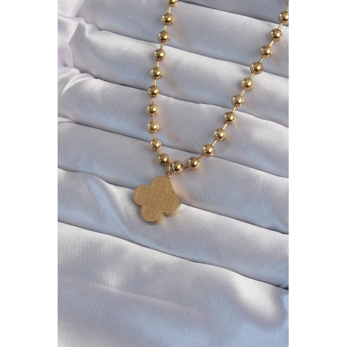 BFS 316L Çelik Top Zincirli Gold Renk İşlemeli Yonca Model Kolye