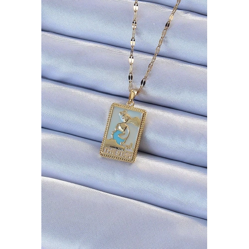 BFS 316L Çelik Zincir Altın Renk Mavi Mineli Tarot Kolye