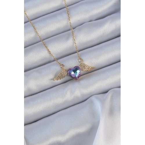 BFS 316L Çelik Zincir Altın Renk Mavi Mor Zirkon Taşlı Kanatlı Kalp Kolye