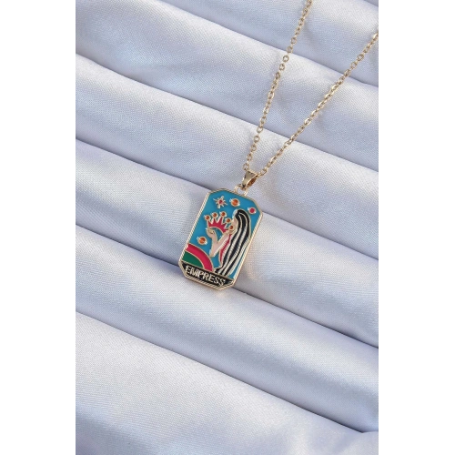 BFS 316L Çelik Zincir Altın Renk Taç ve Kız Figürlü Renkli Mineli Tarot Kolye