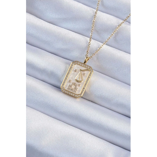 BFS 316L Çelik Zincir Altın Renk Zirkon Taşlı Çerçeveli Tarot Kolye